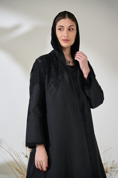 Black Taffeta Abaya with Intricate Beaded Lace Yoke