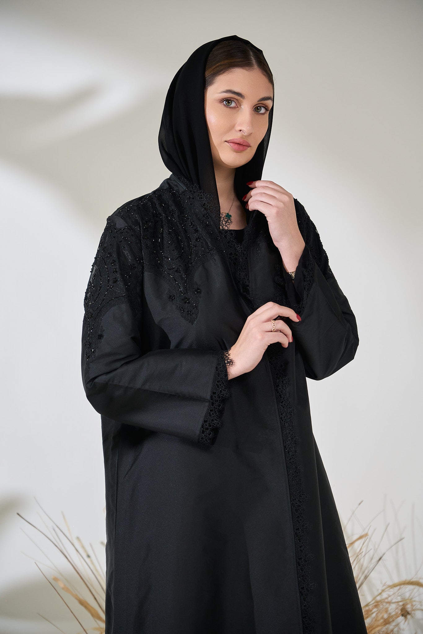 Black Taffeta Abaya with Intricate Beaded Lace Yoke