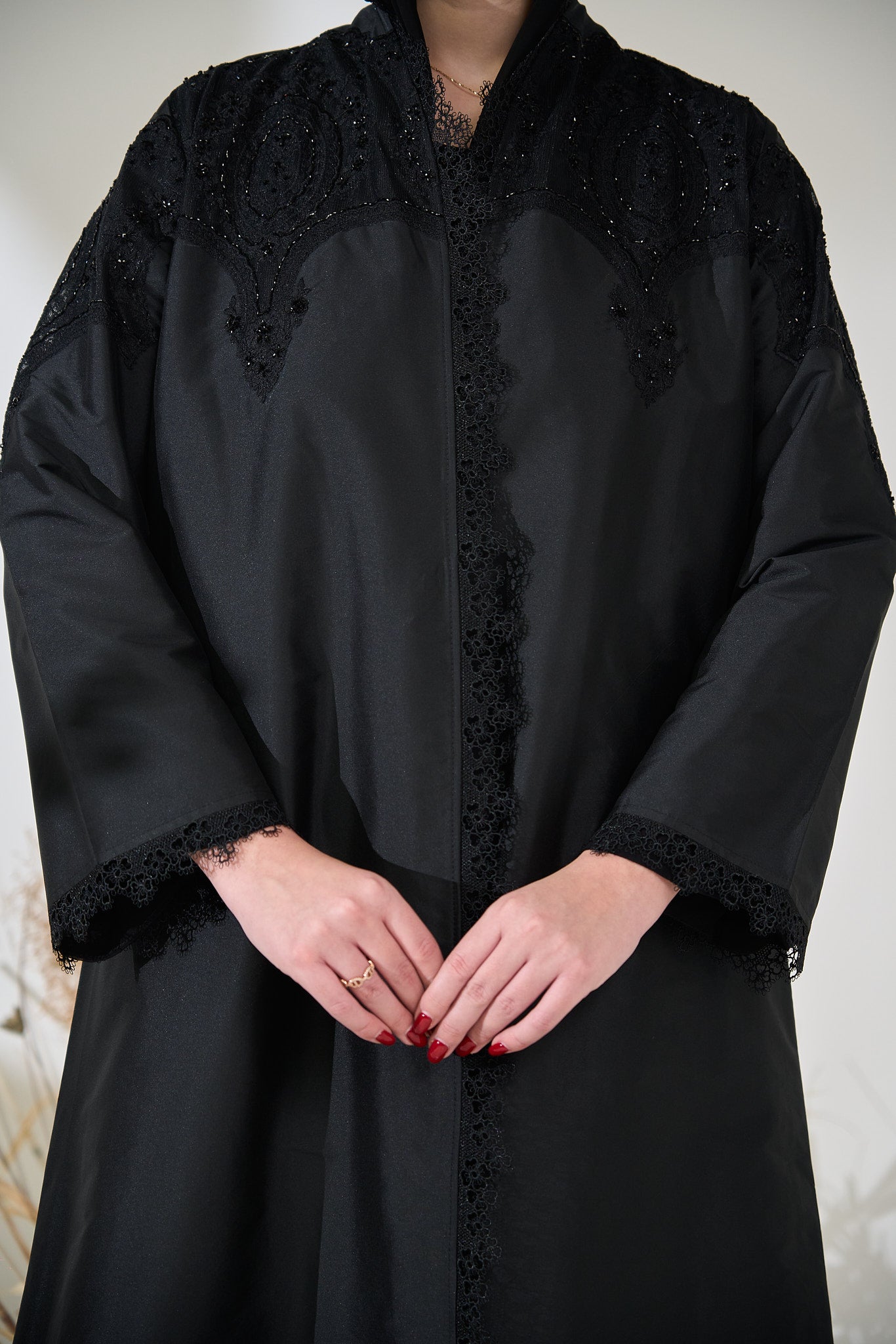 Black Taffeta Abaya with Intricate Beaded Lace Yoke