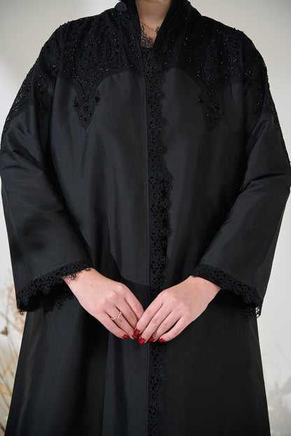 Black Taffeta Abaya with Intricate Beaded Lace Yoke