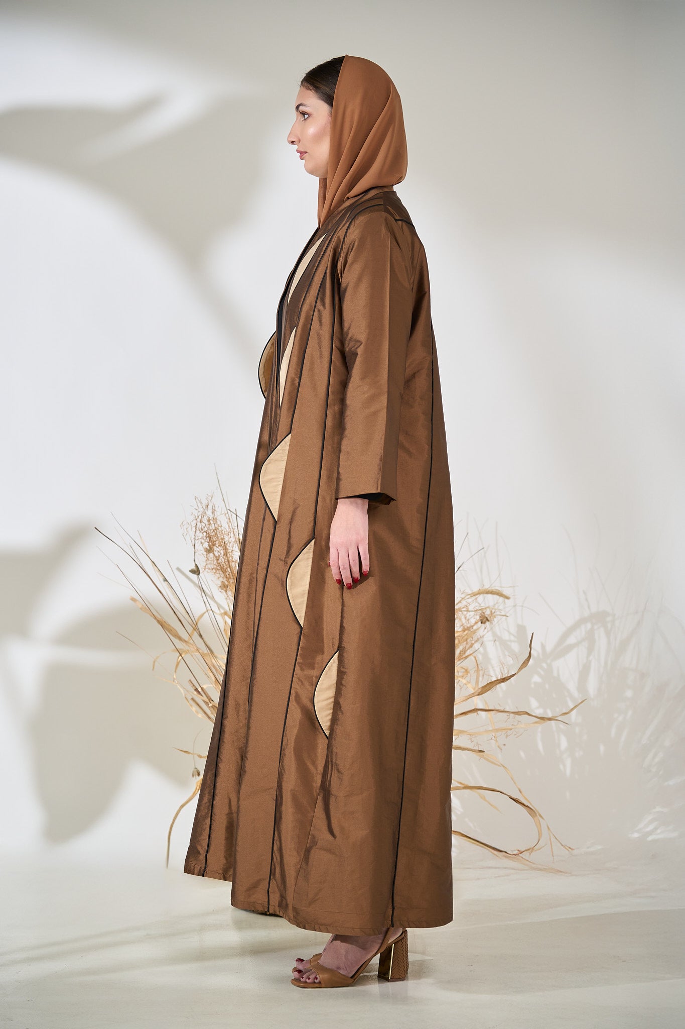 Sculpted Bronze Abaya with Contoured Panel Design