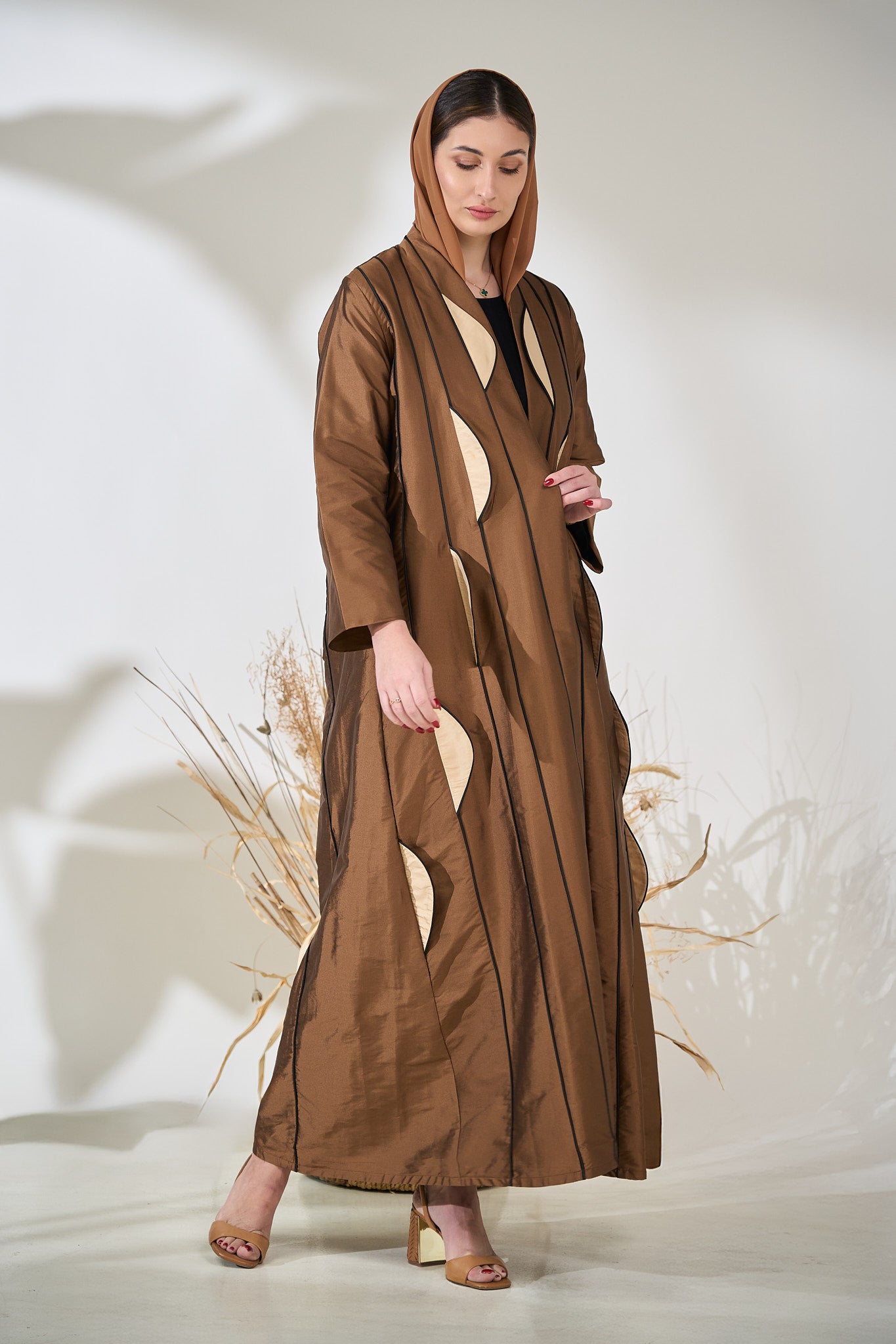 Sculpted Bronze Abaya with Contoured Panel Design