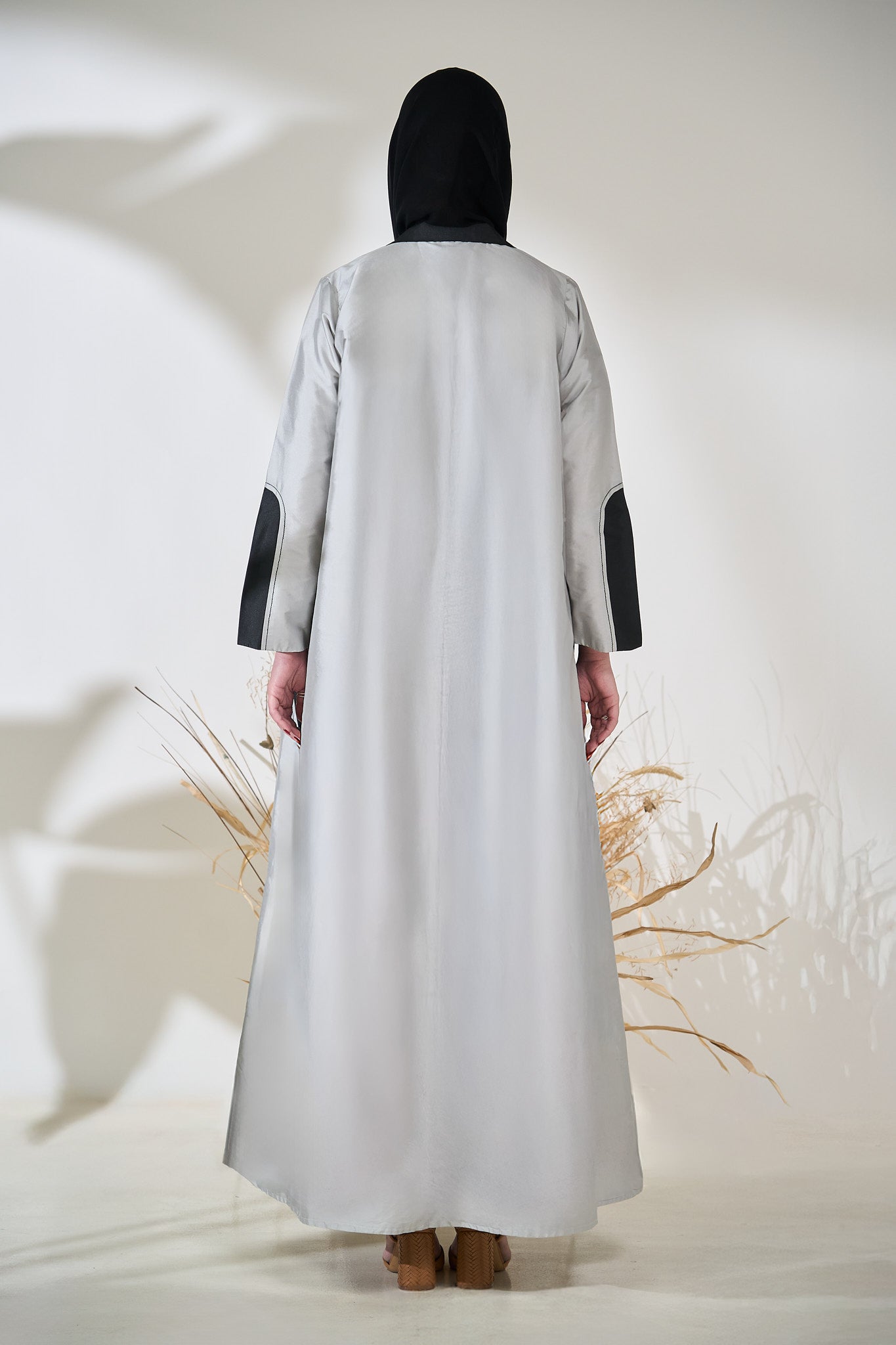 Two-Tone Structured Panel Abaya in Silver with Charcoal Geometric Inlays