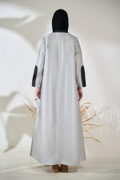 Two-Tone Structured Panel Abaya in Silver with Charcoal Geometric Inlays