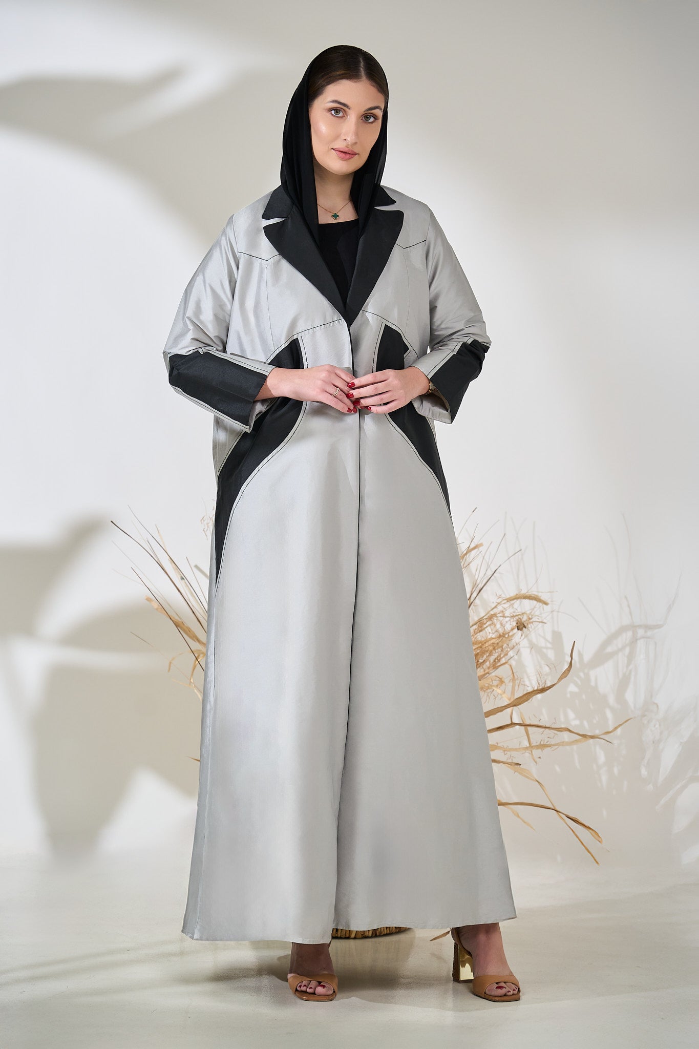Two-Tone Structured Panel Abaya in Silver with Charcoal Geometric Inlays