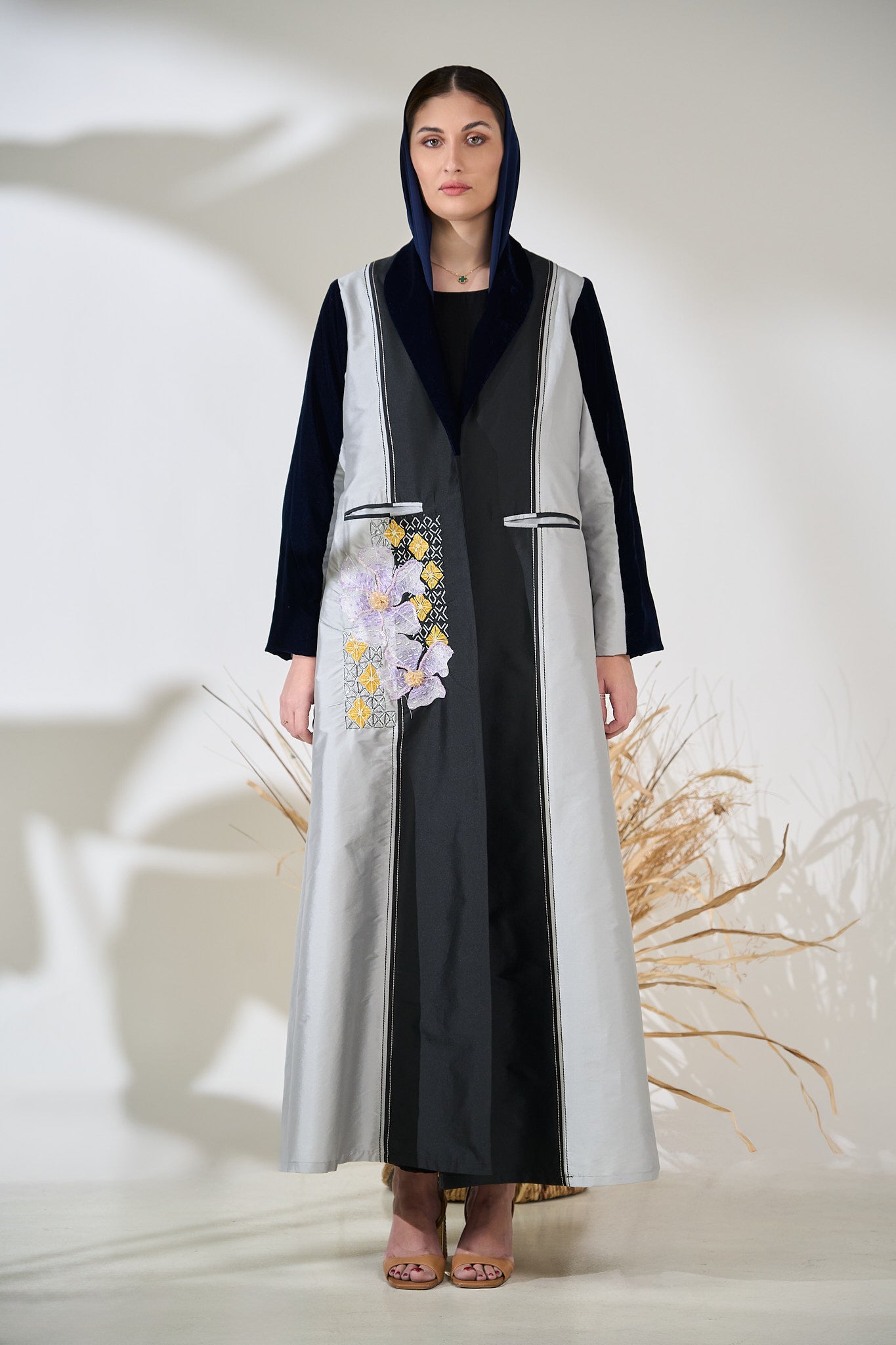 Silver Noir Panel Abaya with 3D Floral Appliqué & Velvet Details