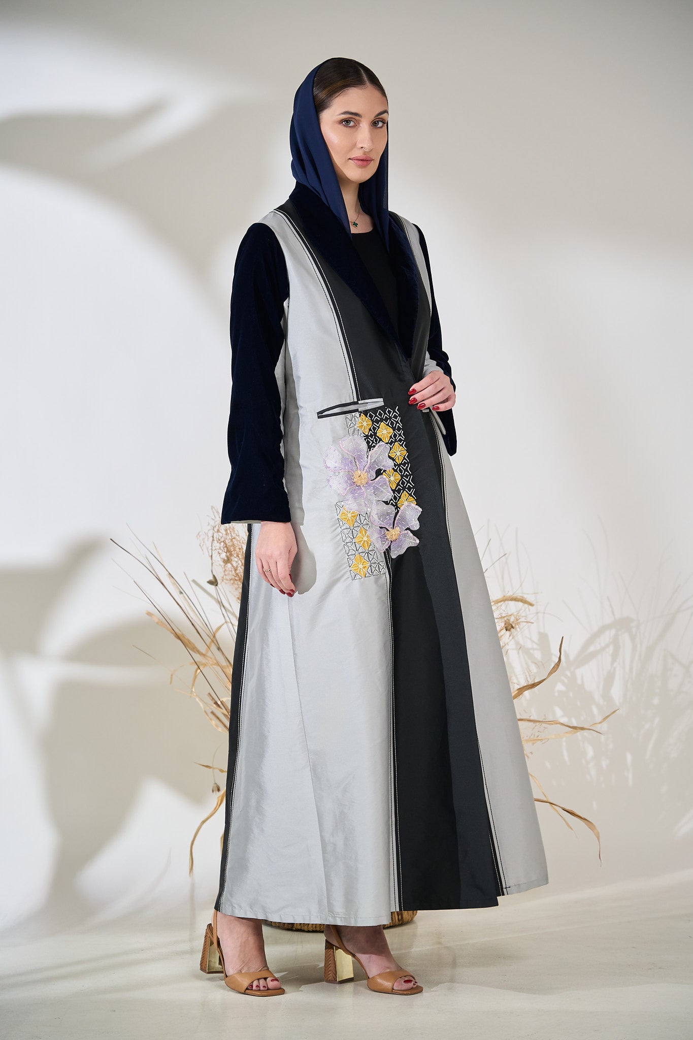 Silver Noir Panel Abaya with 3D Floral Appliqué & Velvet Details