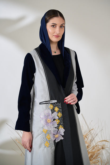 Silver Noir Panel Abaya with 3D Floral Appliqué & Velvet Details