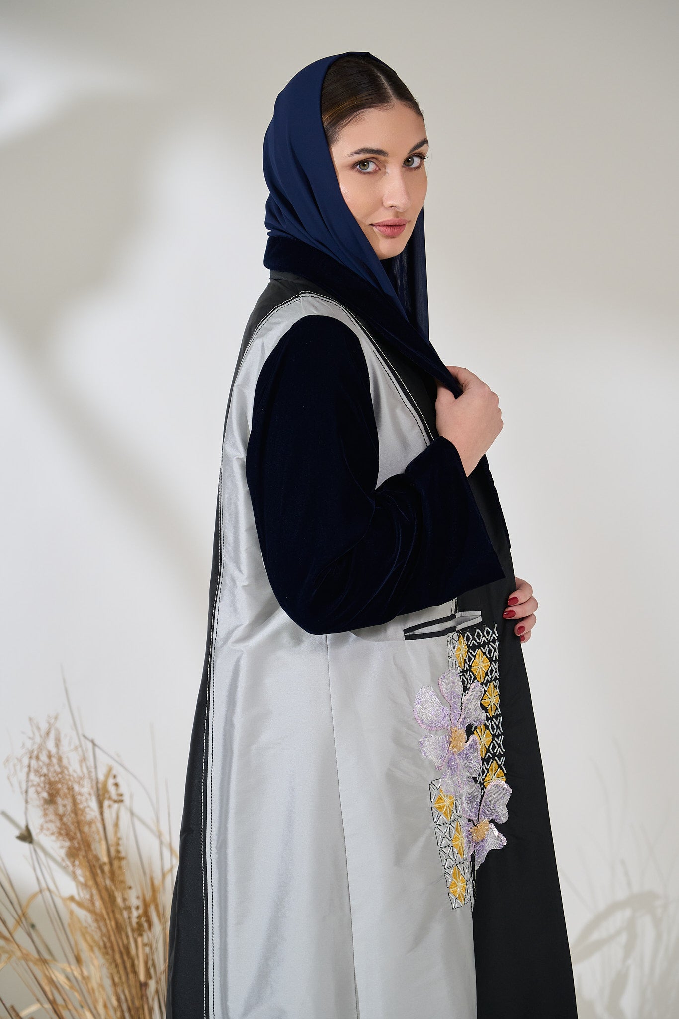 Silver Noir Panel Abaya with 3D Floral Appliqué & Velvet Details