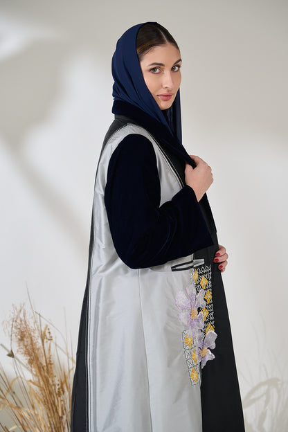 Silver Noir Panel Abaya with 3D Floral Appliqué & Velvet Details