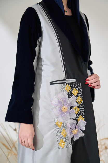 Silver Noir Panel Abaya with 3D Floral Appliqué & Velvet Details