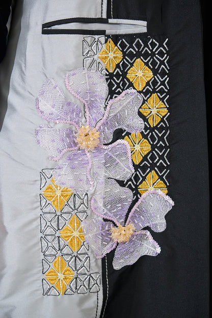 Silver Noir Panel Abaya with 3D Floral Appliqué & Velvet Details