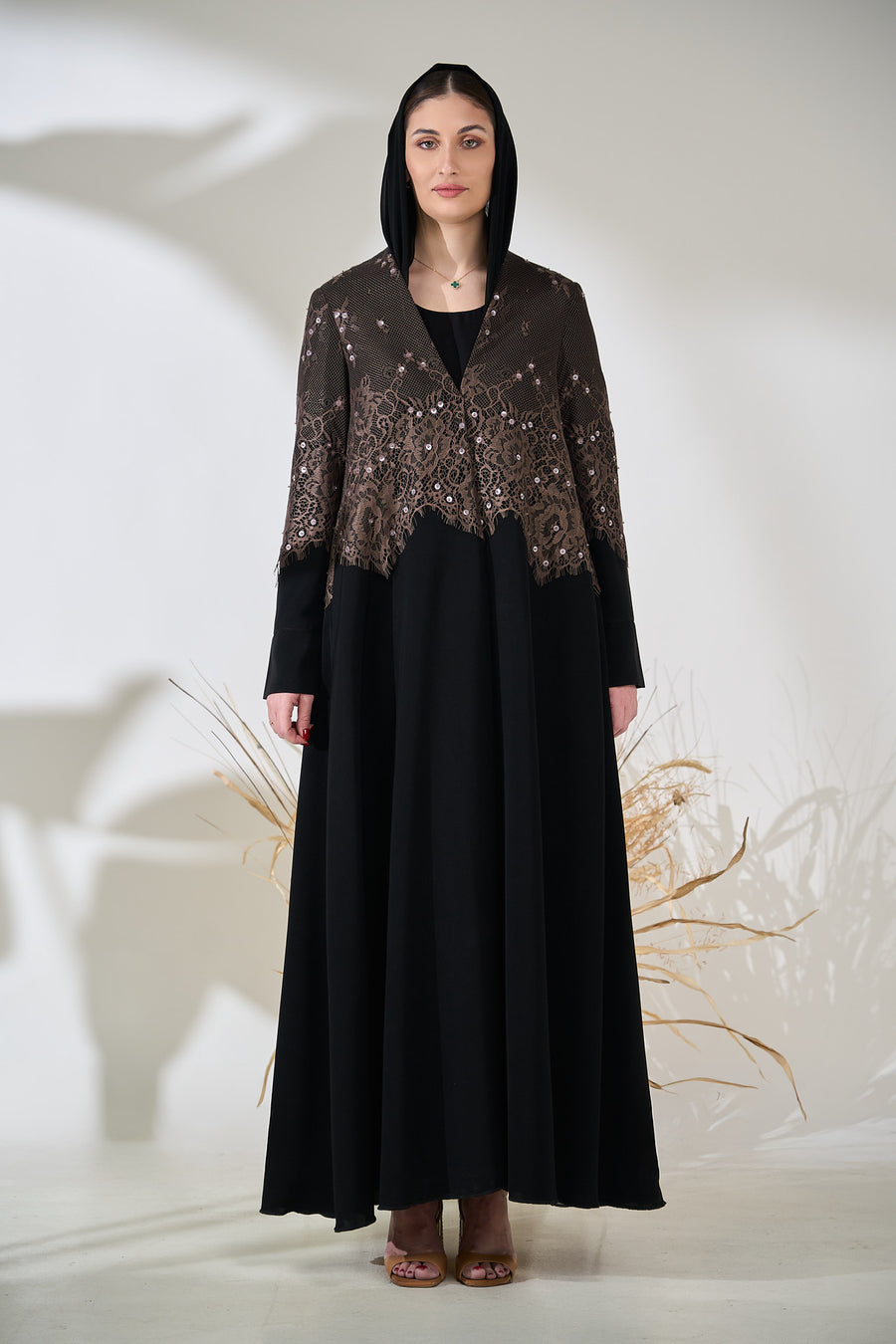 Layered Abaya with Embellished Brown Lace Overlay