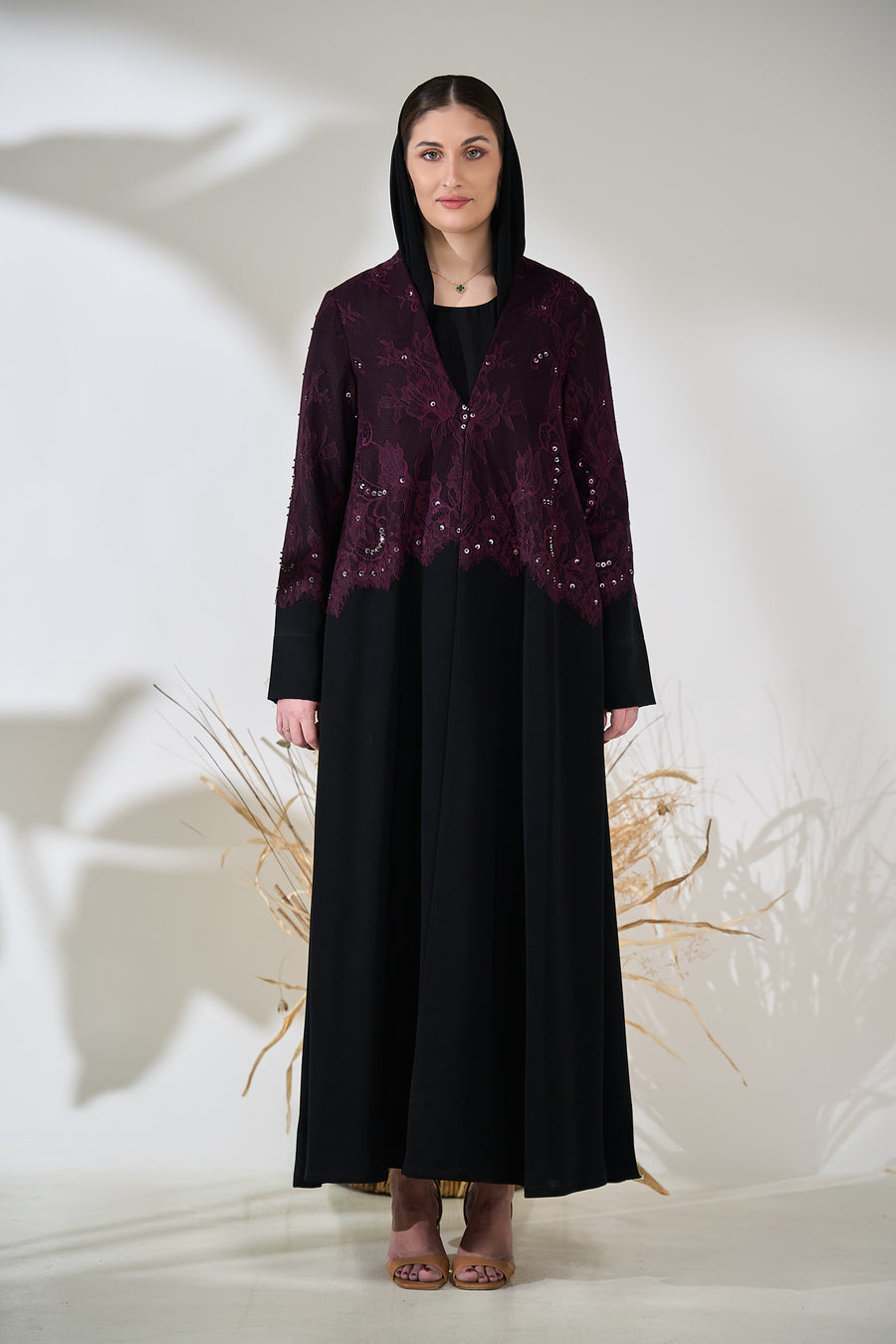 Layered Abaya with Embellished Purple Lace Overlay