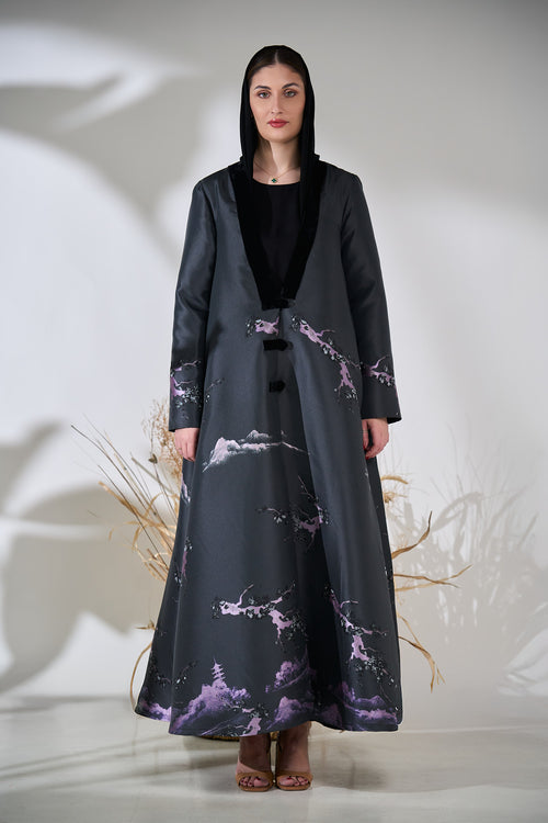 Lunar Veil Artistic Velvet Trim Abaya Product Description