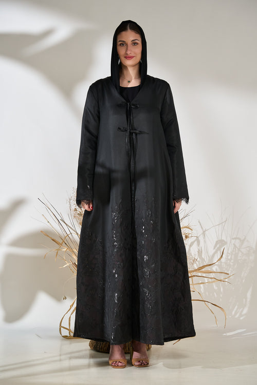 Noir Tie-Front Textured Evening Abaya