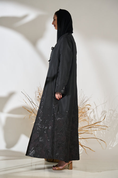 Noir Tie-Front Textured Evening Abaya – hover image
