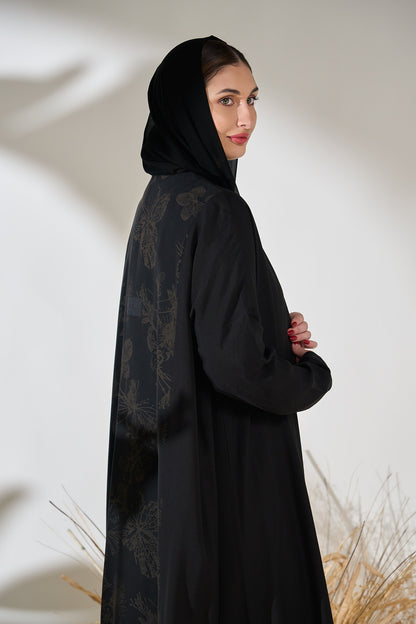 Eclipse Noir Abaya with Back Flora Shadow Print