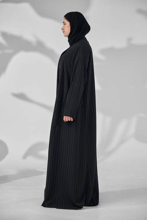 Pinstripe Textured premium Abaya with Subtle Shimmer Detailing – hover image