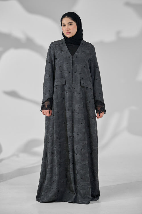 Textured Premium Abaya with Embellished Detail & Lace Cuff Sleeves – hover image