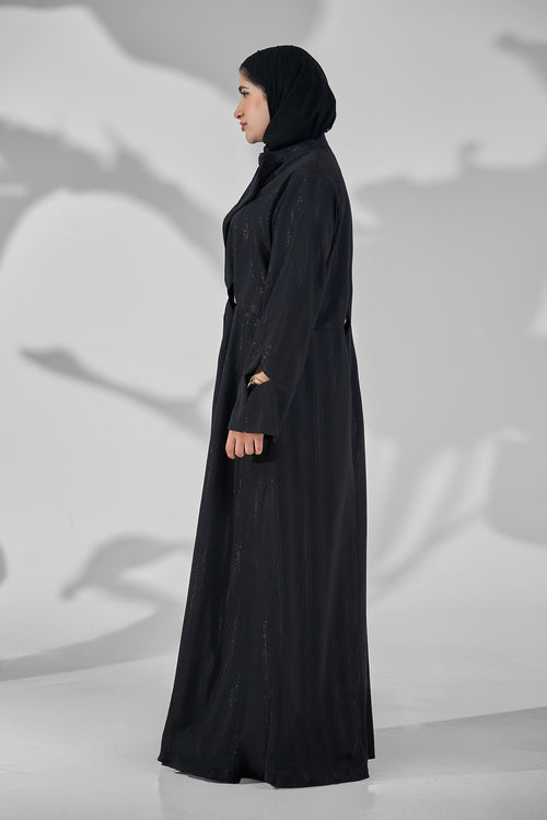 Black Shimmer Textured Abaya with Structured Waist Panels & Split Sleeve Detail – hover image