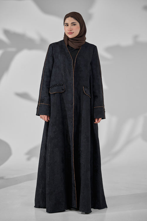 Midnight Premium Abaya with Contrast Piping & Embellished Pockets