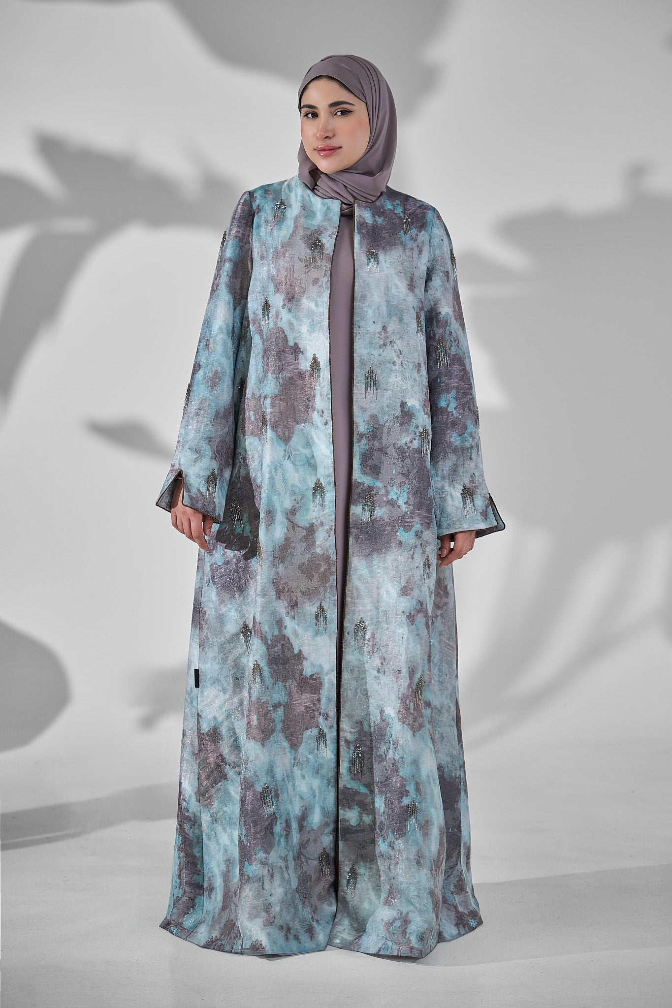 Turquoise & Grey Abstract Printed Abaya with Subtle Embellished Detailing