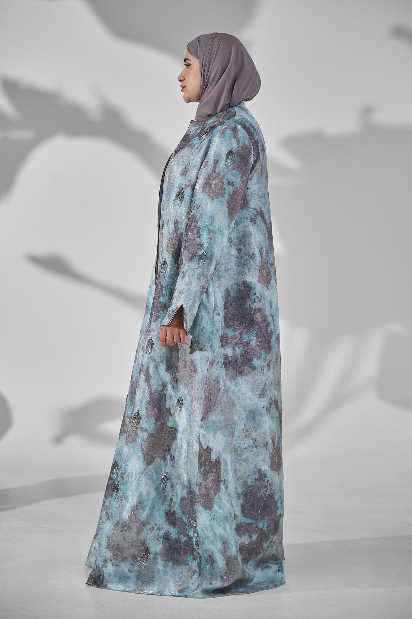Turquoise & Grey Abstract Printed Abaya with Subtle Embellished Detailing