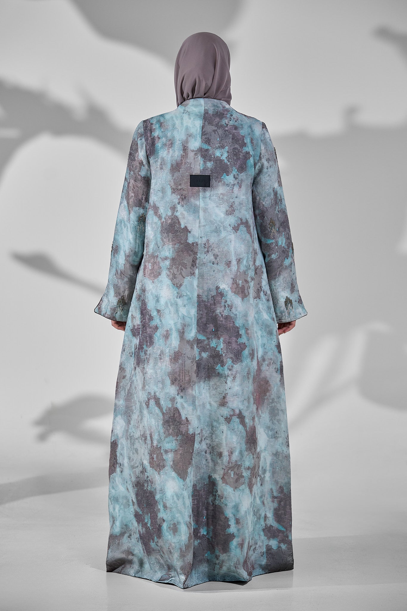 Turquoise & Grey Abstract Printed Abaya with Subtle Embellished Detailing