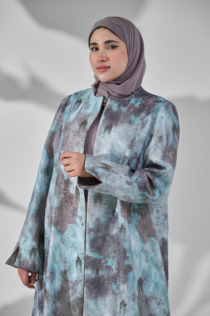Turquoise & Grey Abstract Printed Abaya with Subtle Embellished Detailing