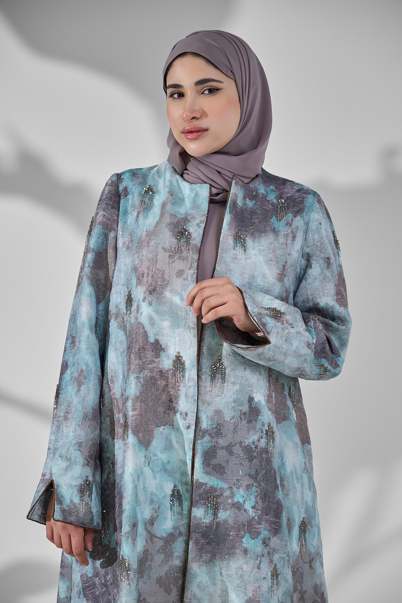 Turquoise & Grey Abstract Printed Abaya with Subtle Embellished Detailing