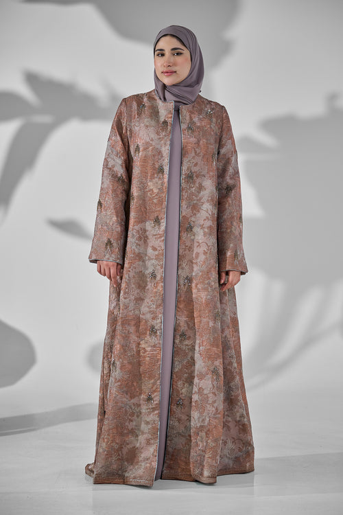 Dusty Rose & Beige Floral Textured Abaya with Delicate Embellished Accents