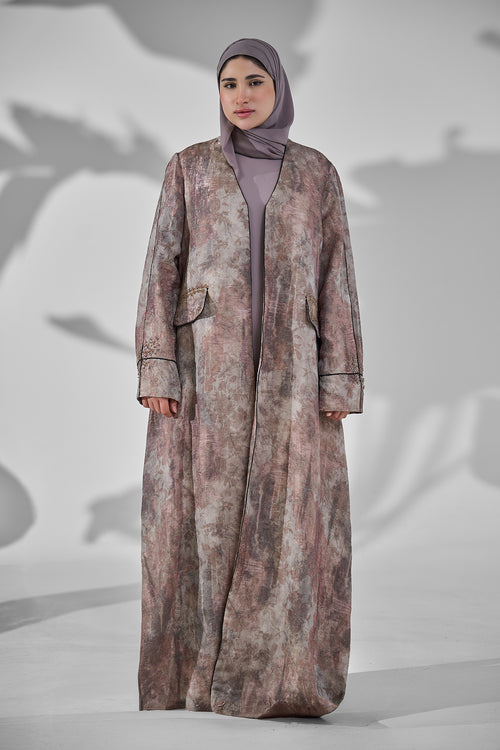 Blush Beige Floral Textured Abaya with Contrast Piping & Embellished Flap Pockets