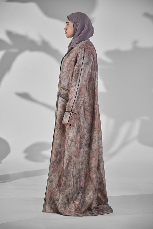 Blush Beige Floral Textured Abaya with Contrast Piping & Embellished Flap Pockets – hover image