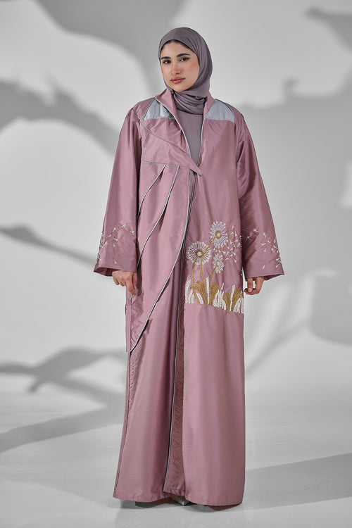 Dusty Mauve Taffeta Abaya with Asymmetric Panel Design & Floral Embroidery Detail