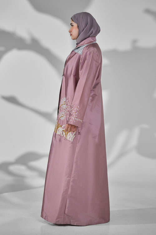 Dusty Mauve Taffeta Abaya with Asymmetric Panel Design & Floral Embroidery Detail – hover image