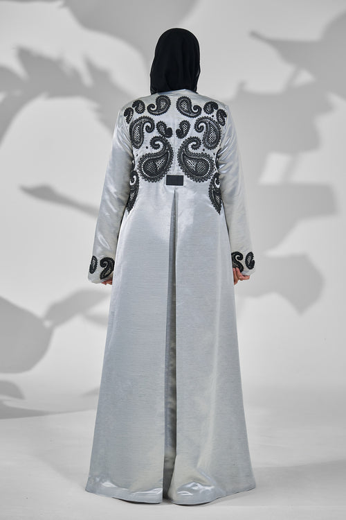 Silver Grey Abaya with Black Paisley Embroidery & Inner Black Dress Set – hover image