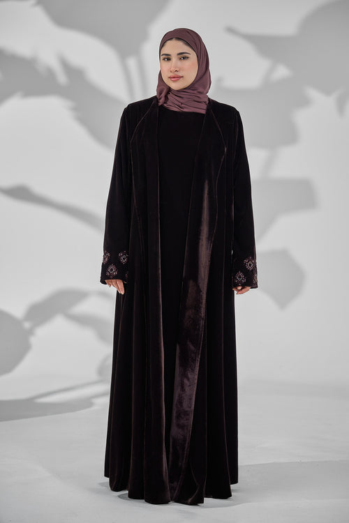 Velvet Abaya with Back Embroidered Motif & Gold Stitch Detailing – hover image
