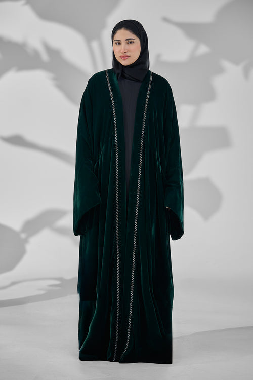 Velvet Open Abaya with Front Trim Detail & Back Floral Embroidery