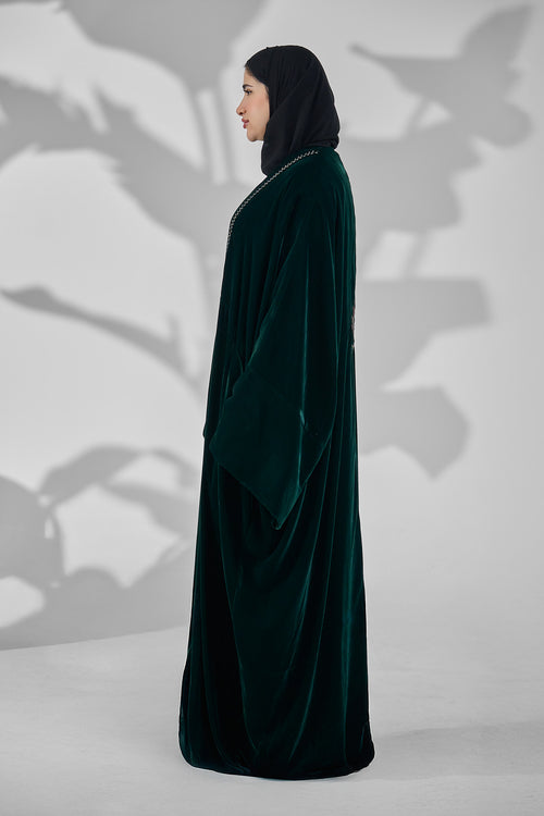 Velvet Open Abaya with Front Trim Detail & Back Floral Embroidery – hover image