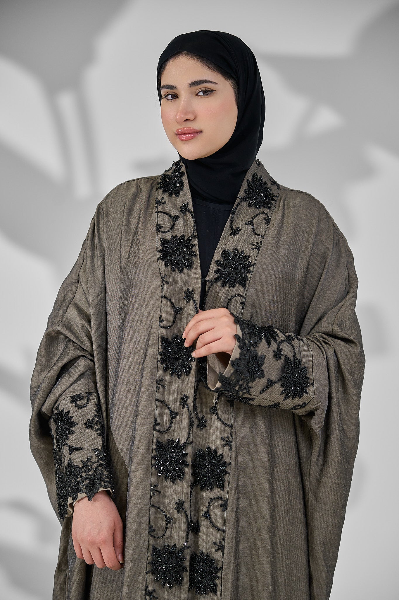 Premium Hand Beaded Floral Open Abaya
