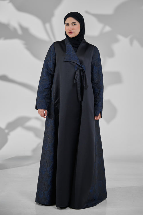 Black Satin Abaya with Navy Floral Jacquard Sleeves & Side Panels with Tie Detail