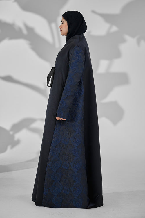Black Satin Abaya with Navy Floral Jacquard Sleeves & Side Panels with Tie Detail – hover image