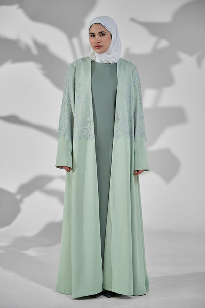 Sage Green Layered Crepe Abaya with Embellished Lace Overlay