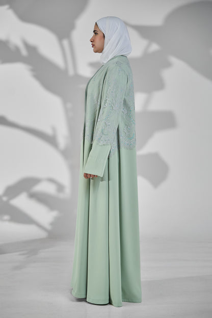 Sage Green Layered Crepe Abaya with Embellished Lace Overlay