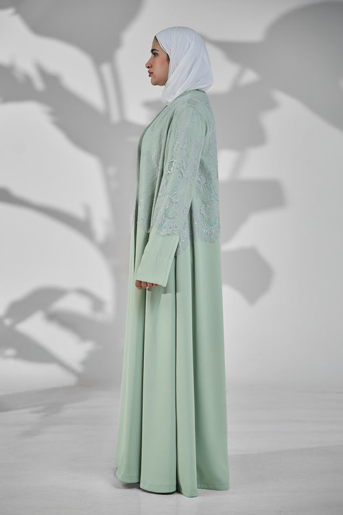 Sage Green Layered Crepe Abaya with Embellished Lace Overlay – hover image