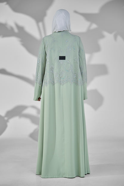 Sage Green Layered Crepe Abaya with Embellished Lace Overlay