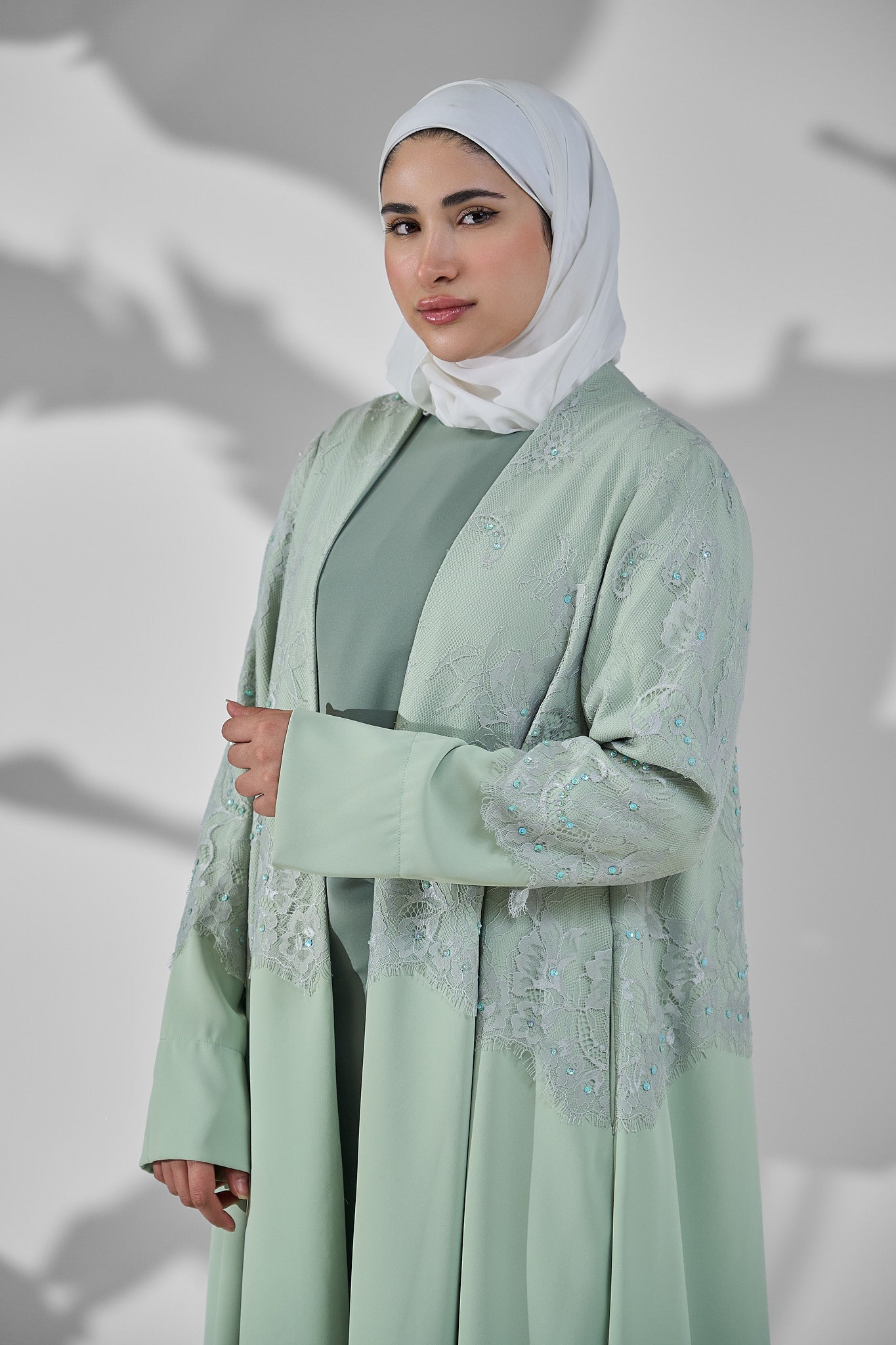 Sage Green Layered Crepe Abaya with Embellished Lace Overlay