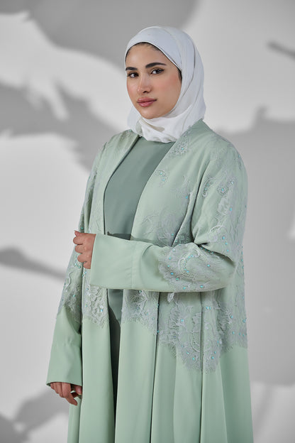 Sage Green Layered Crepe Abaya with Embellished Lace Overlay