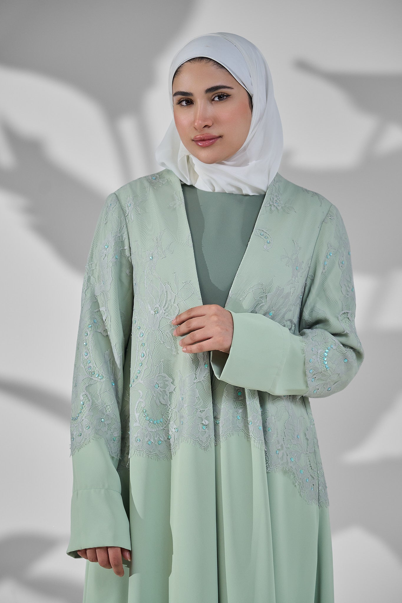 Sage Green Layered Crepe Abaya with Embellished Lace Overlay